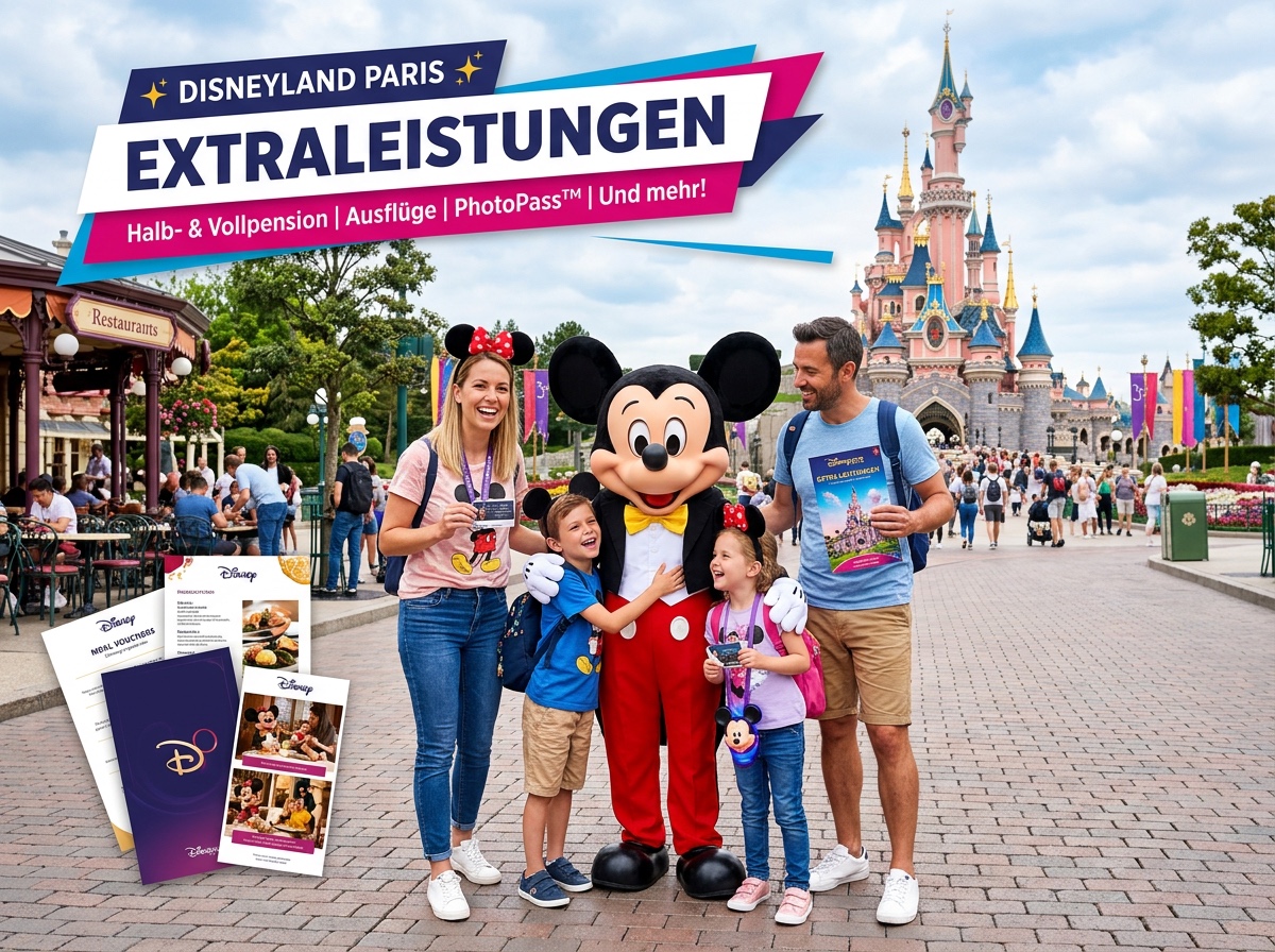 Familie mit Mickey Mouse vor dem Disneyland Paris Schloss